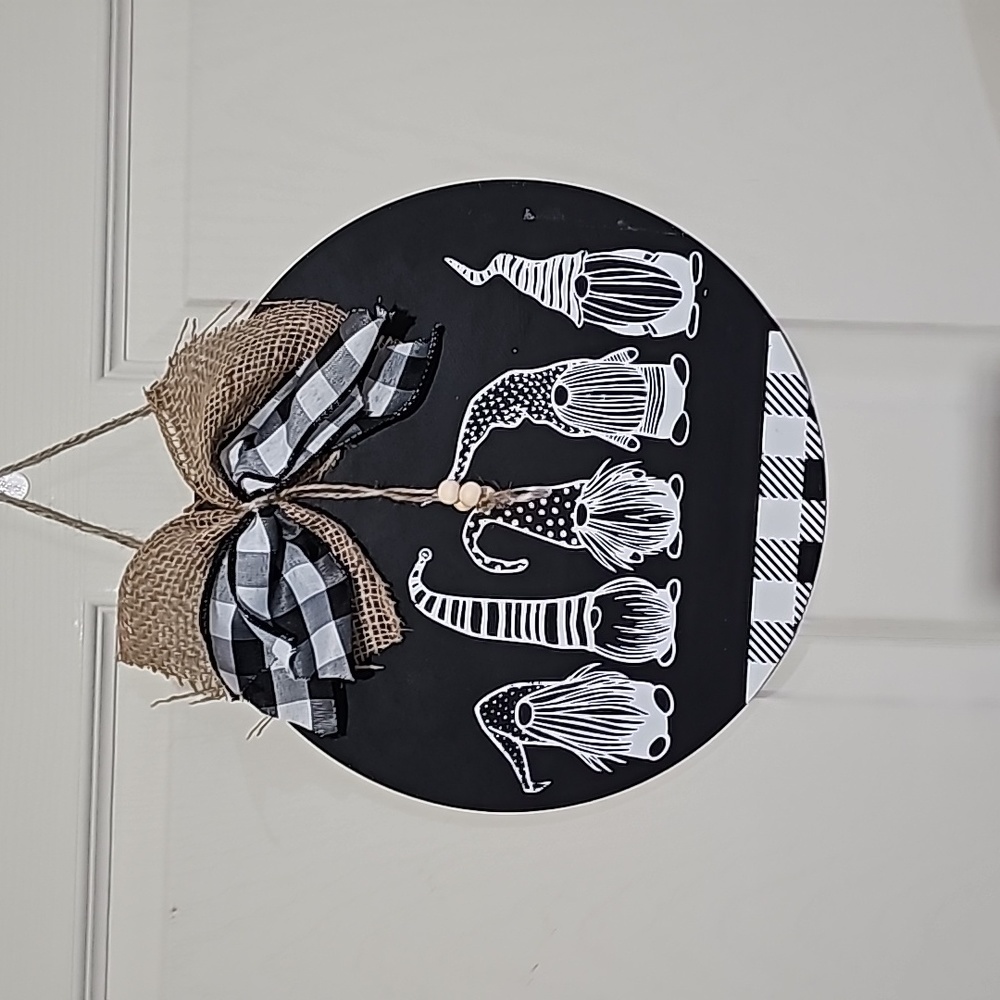 Wooden Hand crafted Round 12" Door hanger or sign Gnome friends